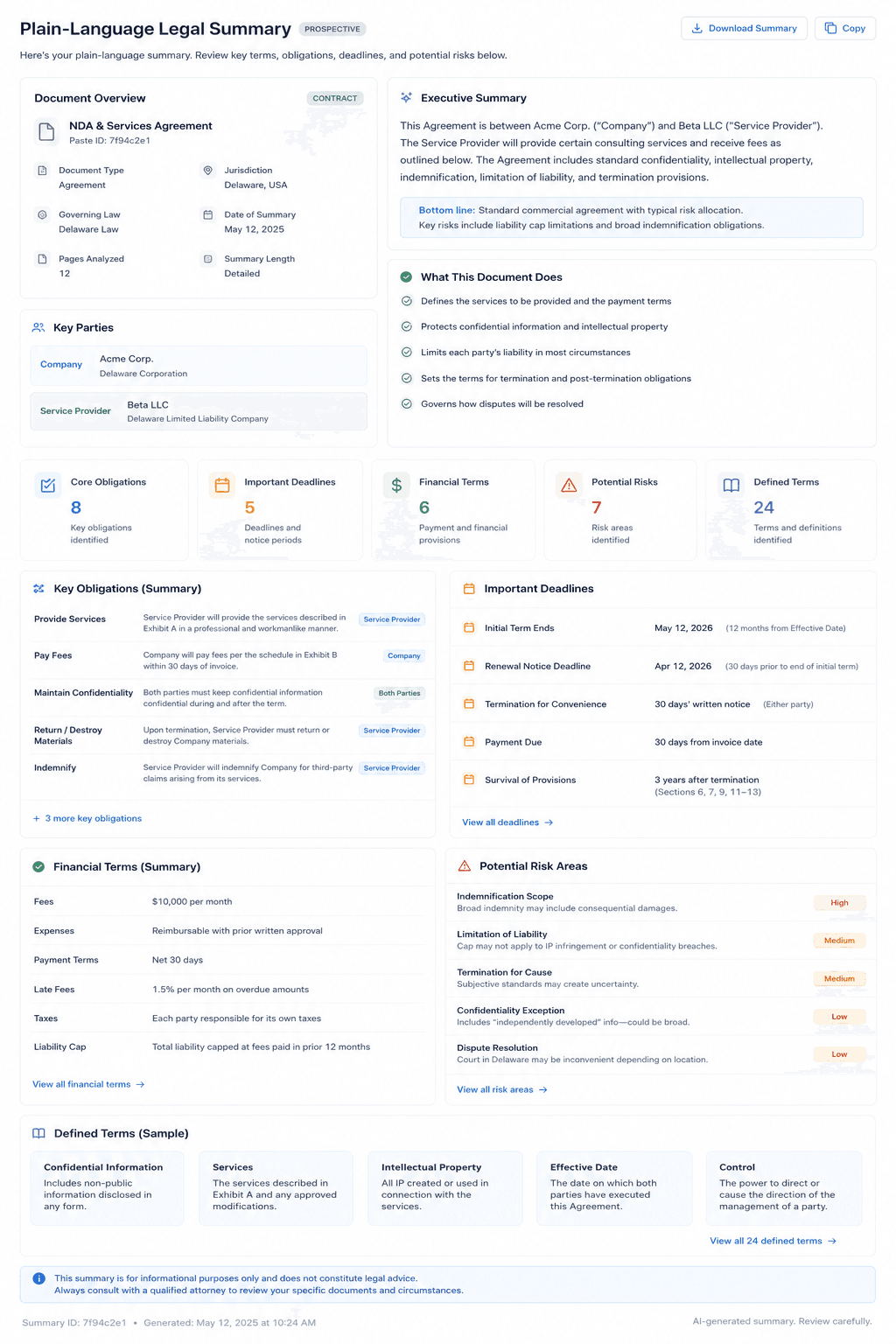 AI Legal Document Summary Dashboard — structured plain-English summary output