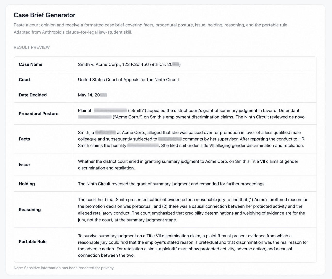 Example output from the AI Case Brief Generator — structured court opinion summary