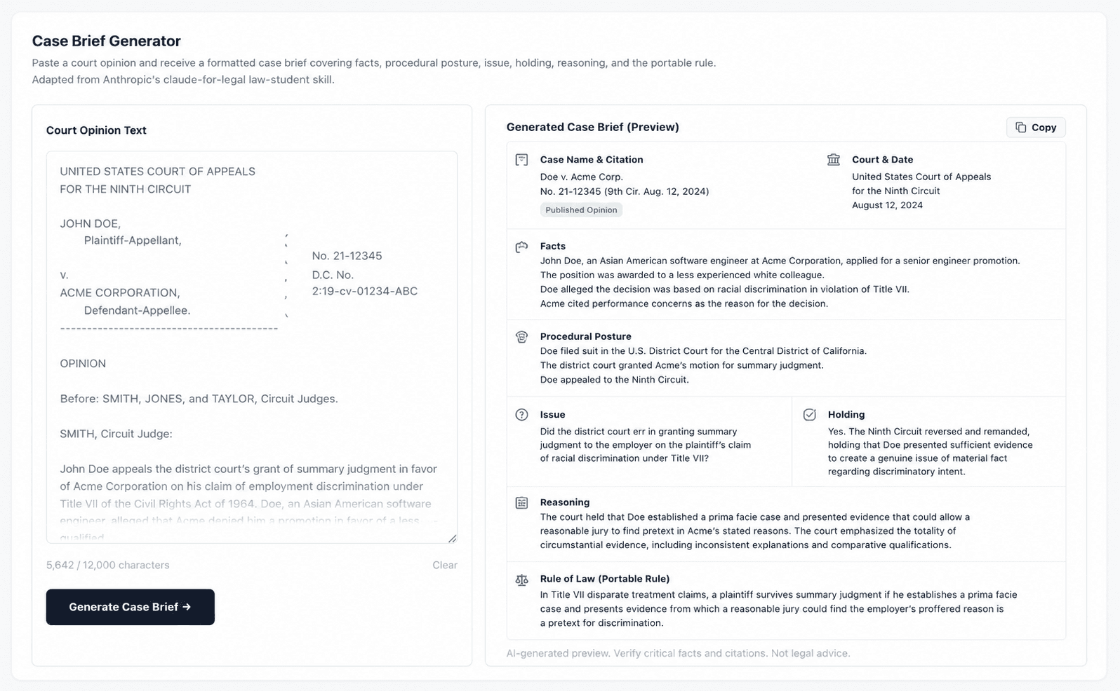 Case Brief Generator — AI legal case summary input interface