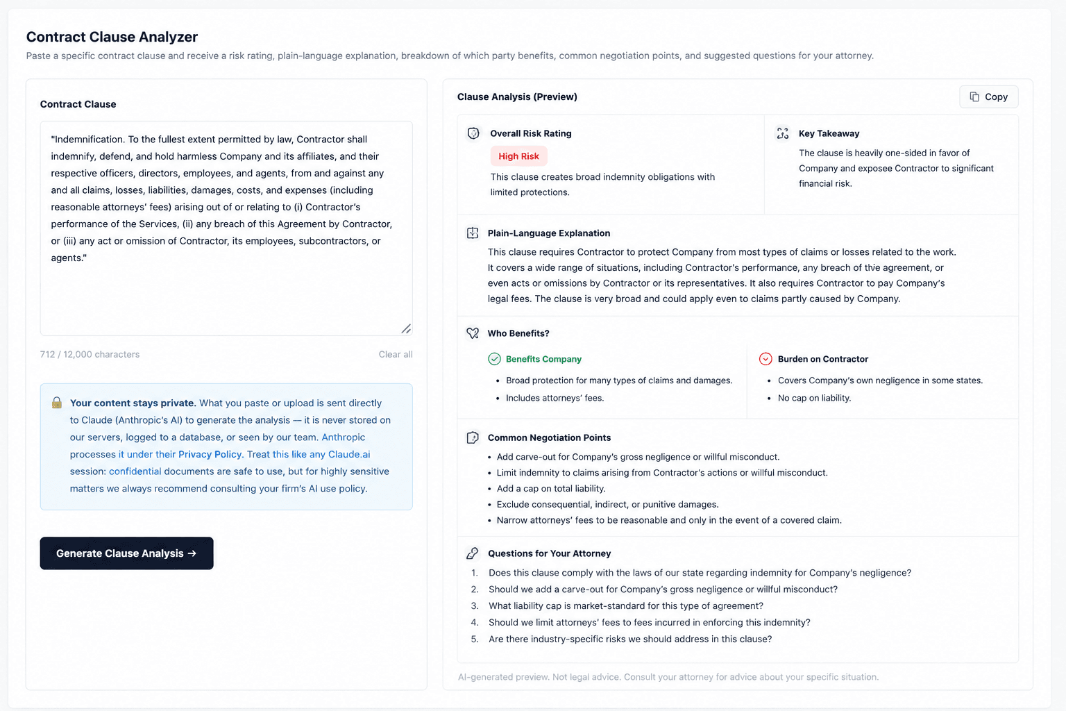 Contract Clause Analyzer — AI legal risk analysis output preview