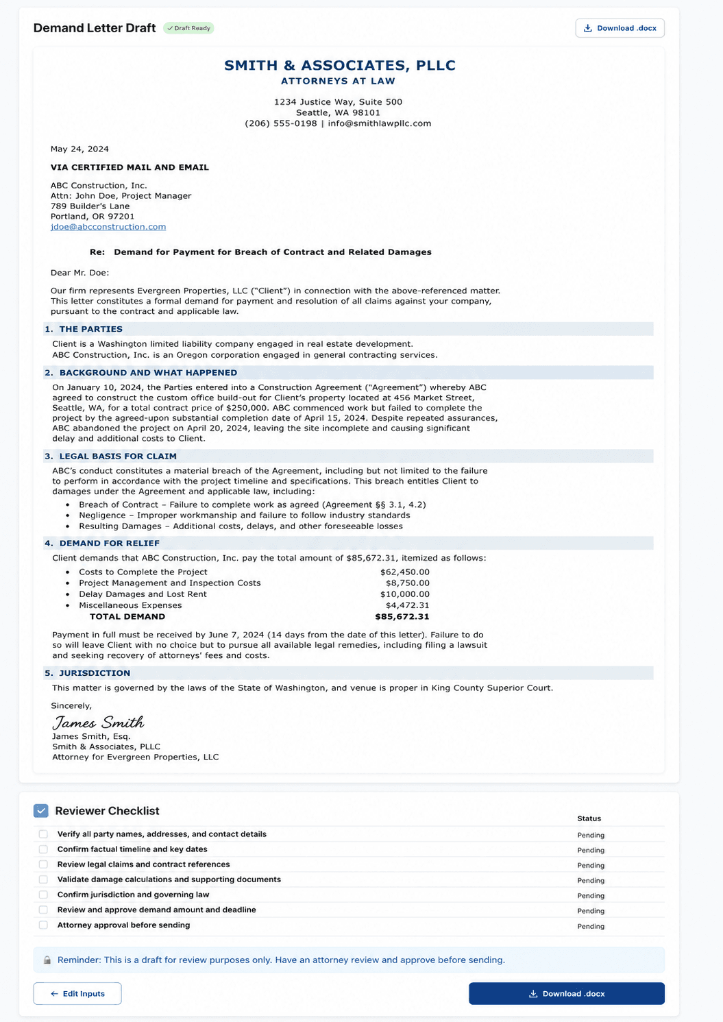 AI demand letter drafter — example draft output