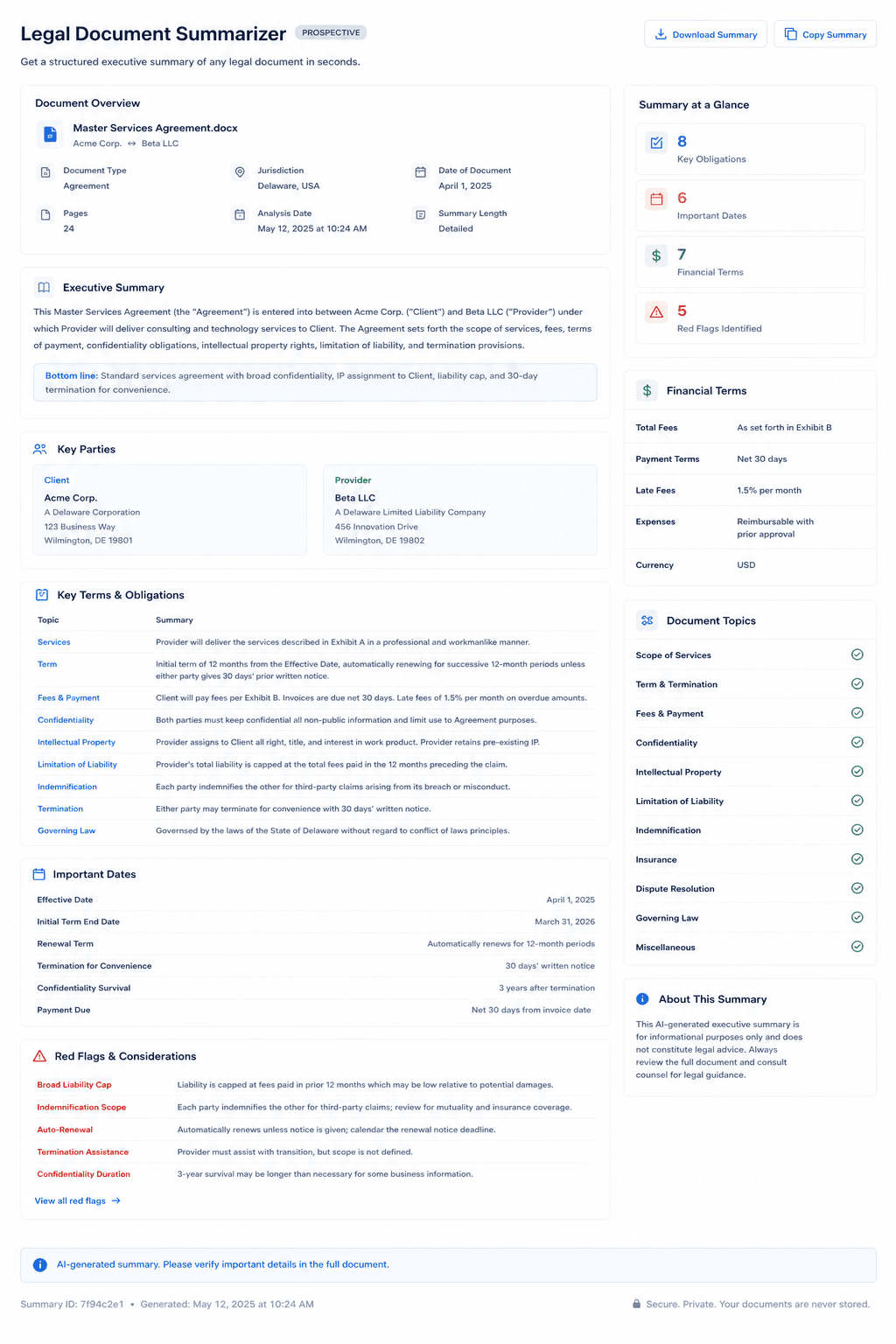 AI Legal Document Summarizer — structured executive summary of a full legal document