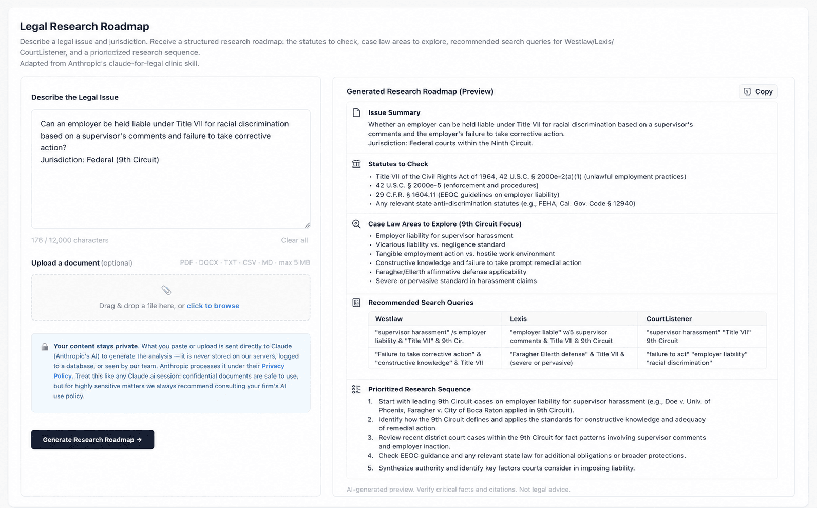 AI Legal Research Roadmap — example case law search query output